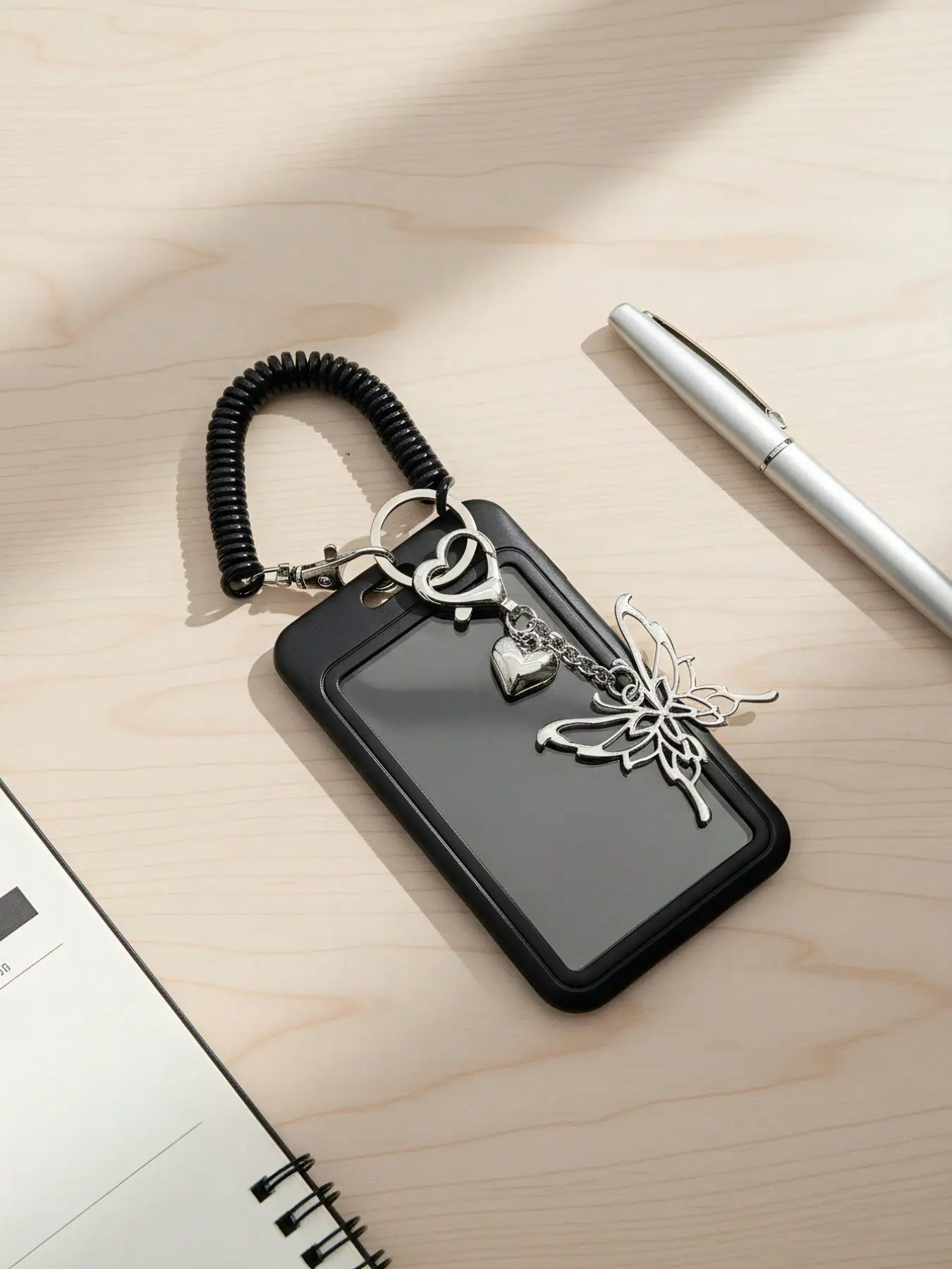 Butterfly and heart pendant ID holder, Id badge holder, card wallet, Compact Size, comes with a spiral lanyard, suitable for work and daily use, ideal for storing ID cards, keys, and small accessories, suitable for women