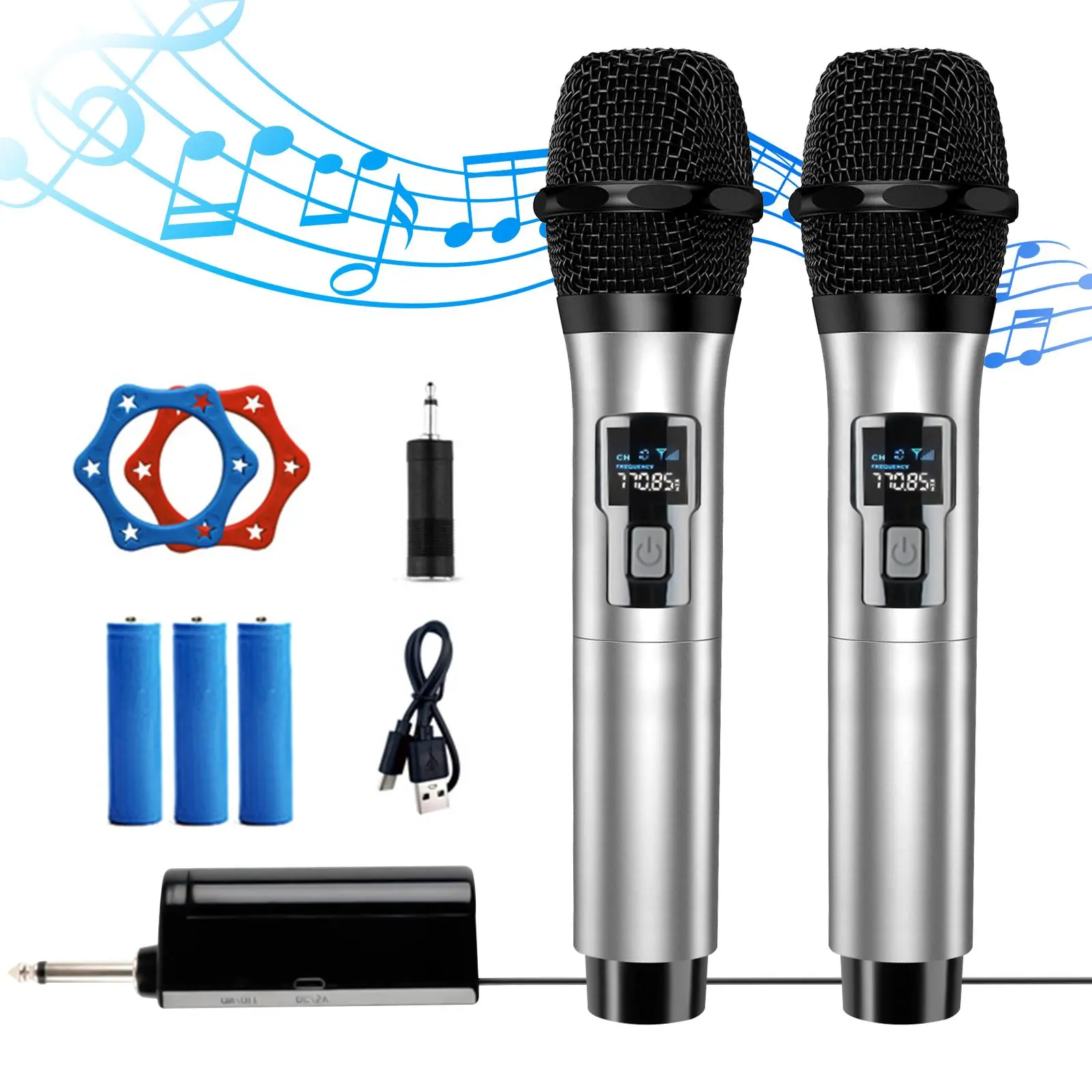 Back to School 2Pcs Durable Aluminum VHF Wireless Handheld Microphone System, Audio Equipment with Rechargeable Receiver, Adapter, Plug, 6H Charging Duration, 100ft Range, Noise Reduction, Compatible with KTV, Camera for Singing, Church