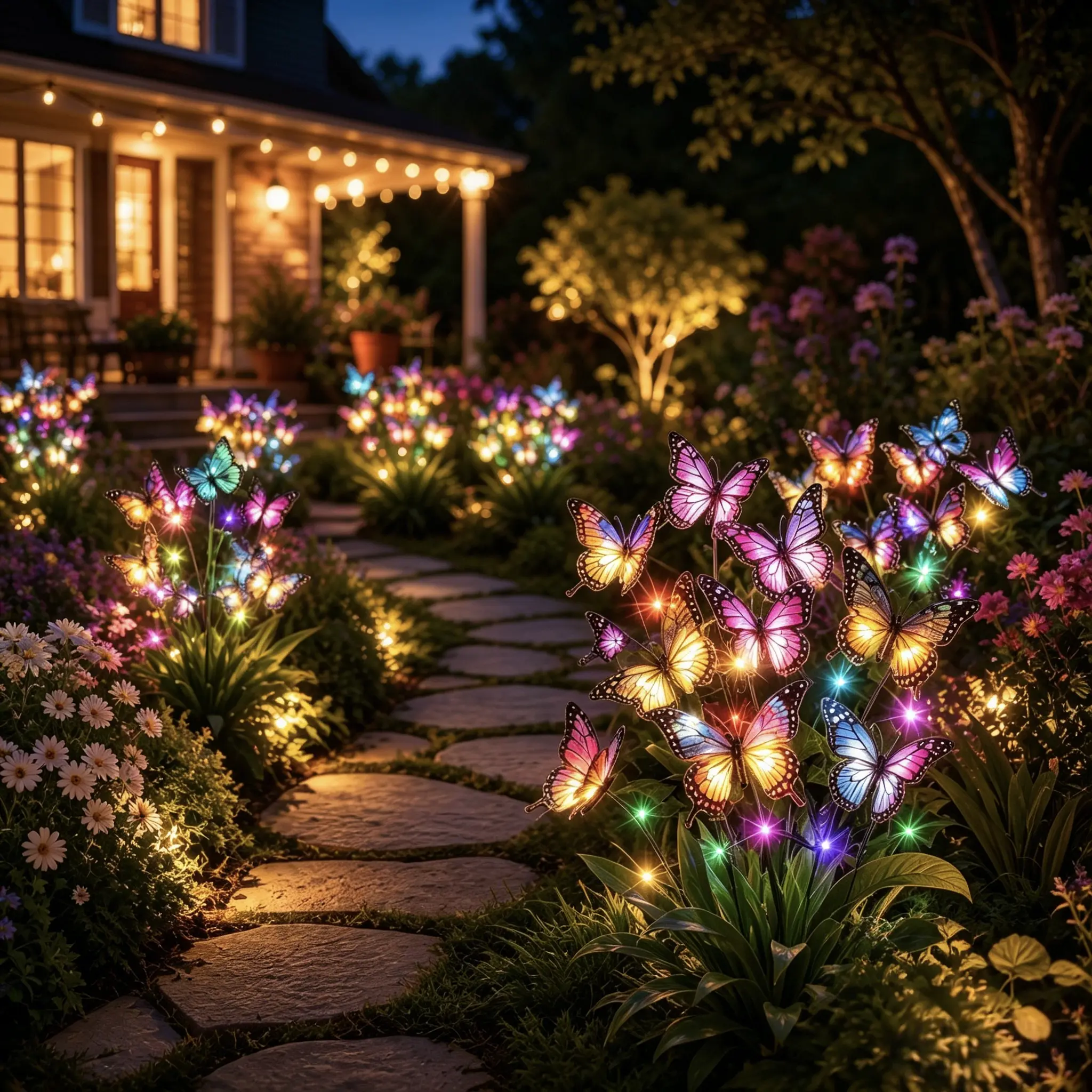 Solar Outdoor LED Garden Stake Lights - 2/4/8-Pack, IP65 Water Resistant, Multicolor Silk Butterflies (34/68/136 Count), 1.2V/600mAh AA Batteries, Dusk-to-Dawn Glow (4-6H), Outdoor Placement in Common Weather Conditions, Pathway/Patio Decor, Flower Bed