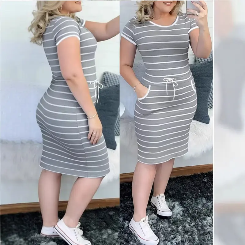 Cross-border women's clothing wholesale dresses Amazon Temu factory supply spring-summer new large size round neck pocket striped