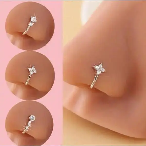 3PCS Rhinestone Clip-On Nose Rings for Women, Adjustable Non-Piercing Nose Cuffs and Sparkly Nose Jewelry for Daily Wear