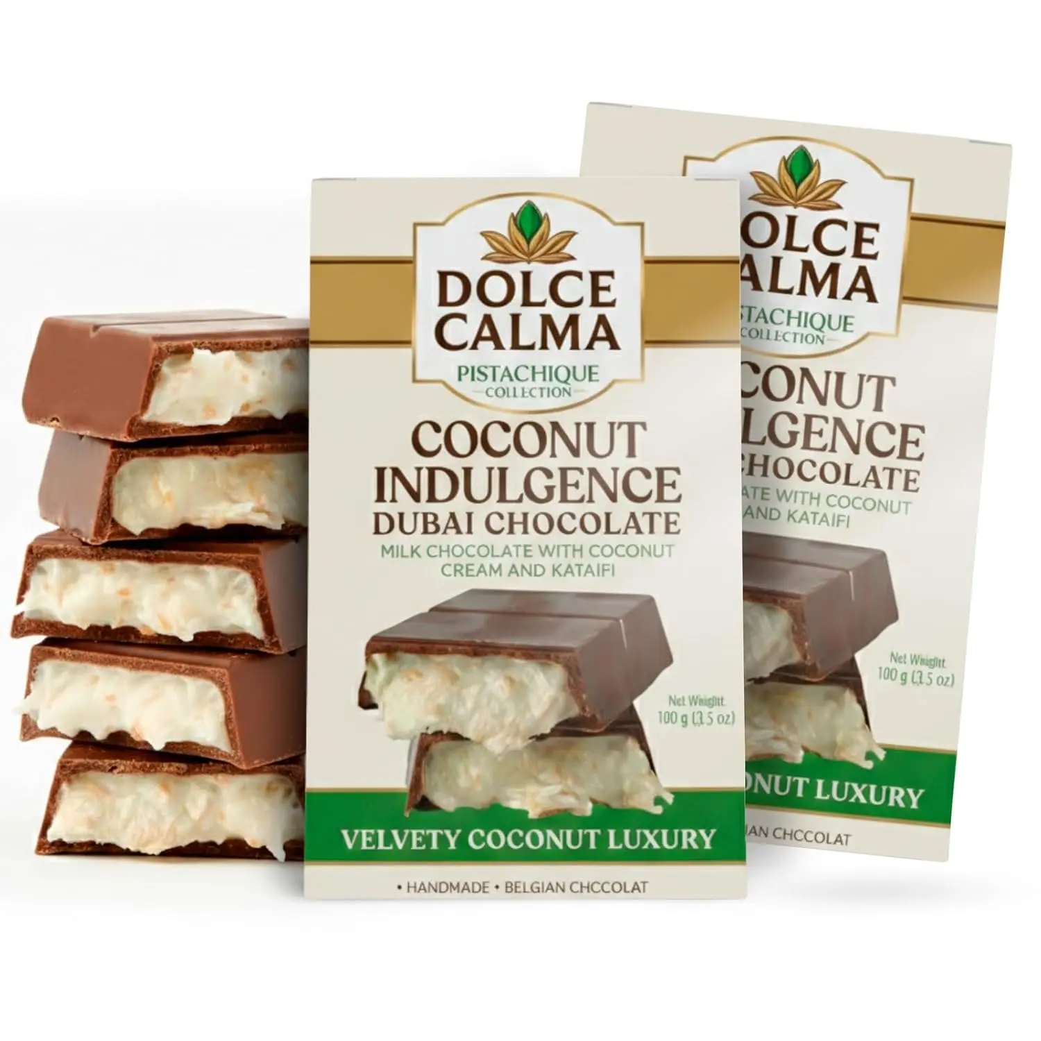 Dolce Calma Coconut Dubai Chocolate Bar (Pack of 3) - 100g/3.5oz Authentic Handmade Belgian Chocolate, Turkish Pistachio, Crispy Kataifi Kunafa Filling, No Palm Oil, Ships With 2 Ice Gel Packs, Snack Dessert