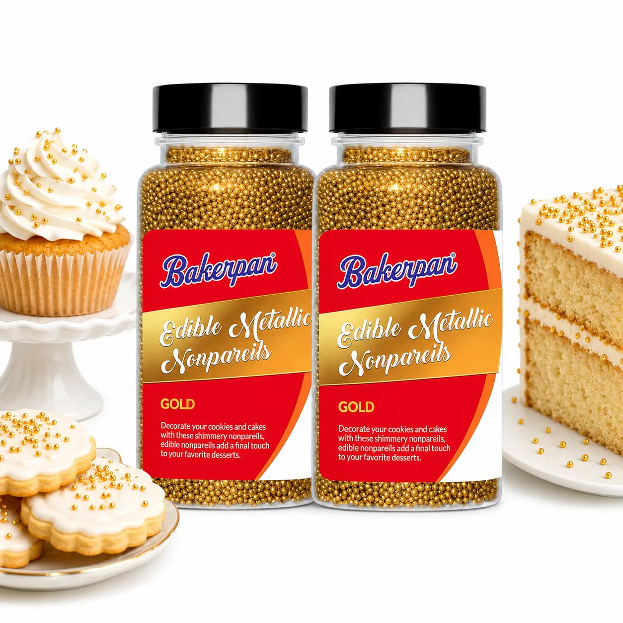 Bakerpan 2 Pack Edible Gold Nonpareils Sprinkles 5.1 oz - Gold Sprinkles for Cake Decorating, Cupcakes, Cookies, Birthdays & Weddings | Kosher, Gluten-Free