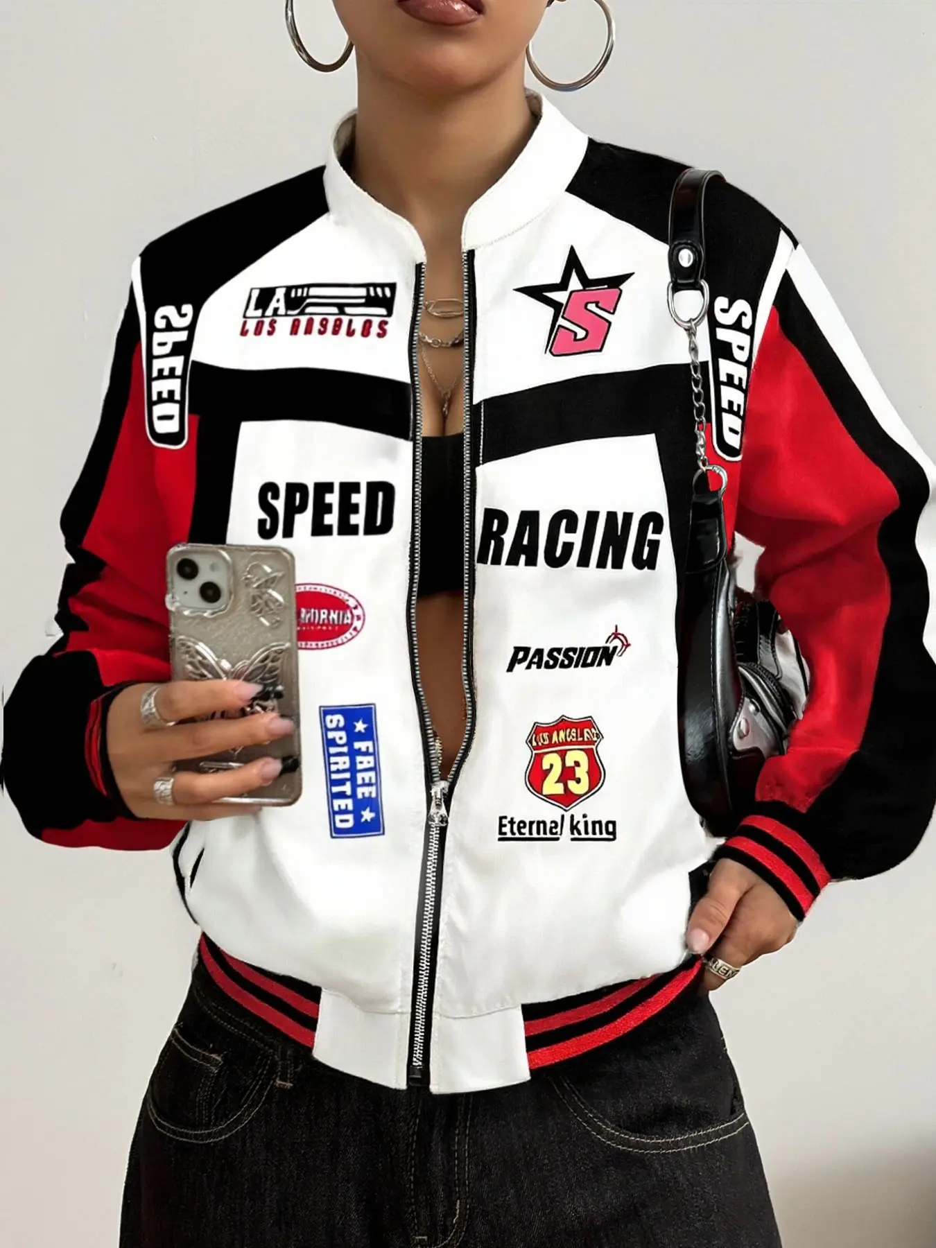 Women's casual racing jacket, Long Sleeve, Fitted, Graphic, trendy and cool design, perfect for stylish women to match, Fashionable Jacket, Outerwear, Coats