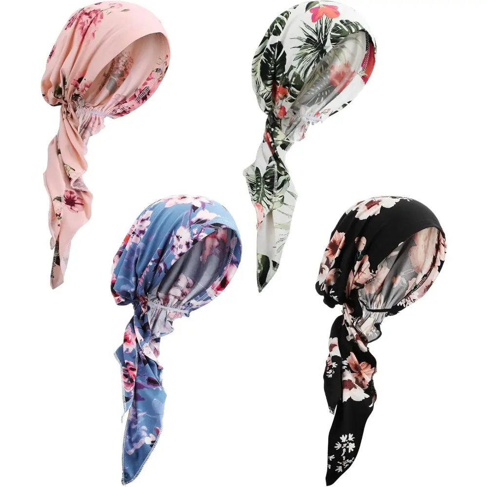 4-Piece Soft Pre-Tied Floral Head Scarf Turbans, Breathable Elastic Fabric Chemo Caps for Patients, Sports Hats