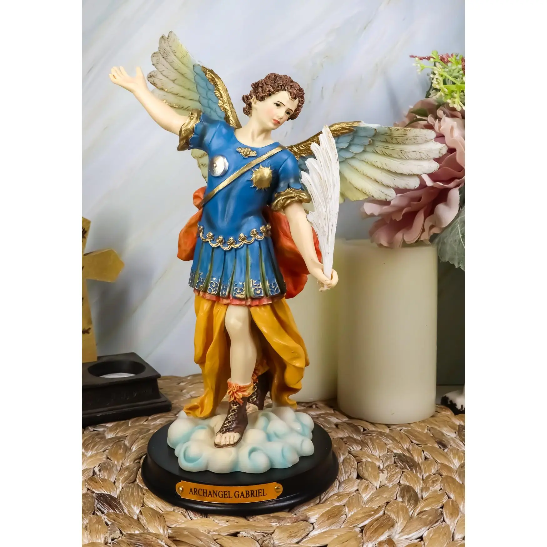 Ebros Resin Archangel Saint Gabriel Statue - 11.75in Tall Messenger Figurine with Brass Name Plates, 1.5lb Hand-Rounded Home Decor Accessory for Indoor Use