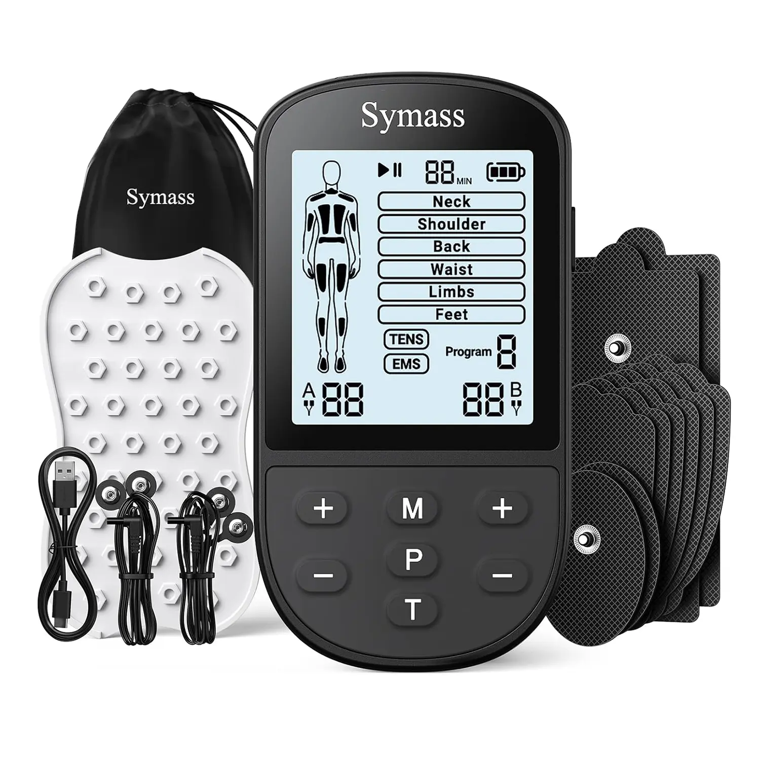 SYMASS Portable TENS Unit EMS Muscle Stimulator, Lightweight Pain Relief Device with 24 Modes, Dual Channels, 10 Pads, and Dustproof Storage Bag