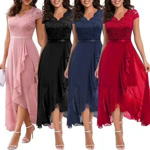 Elegant V-neck floral lace bridesmaid dress for women, short sleeves, ruffled hem, perfect for formal dinners, weddings, and parties.Women's comfortable basic workwear with a simple V-neck design