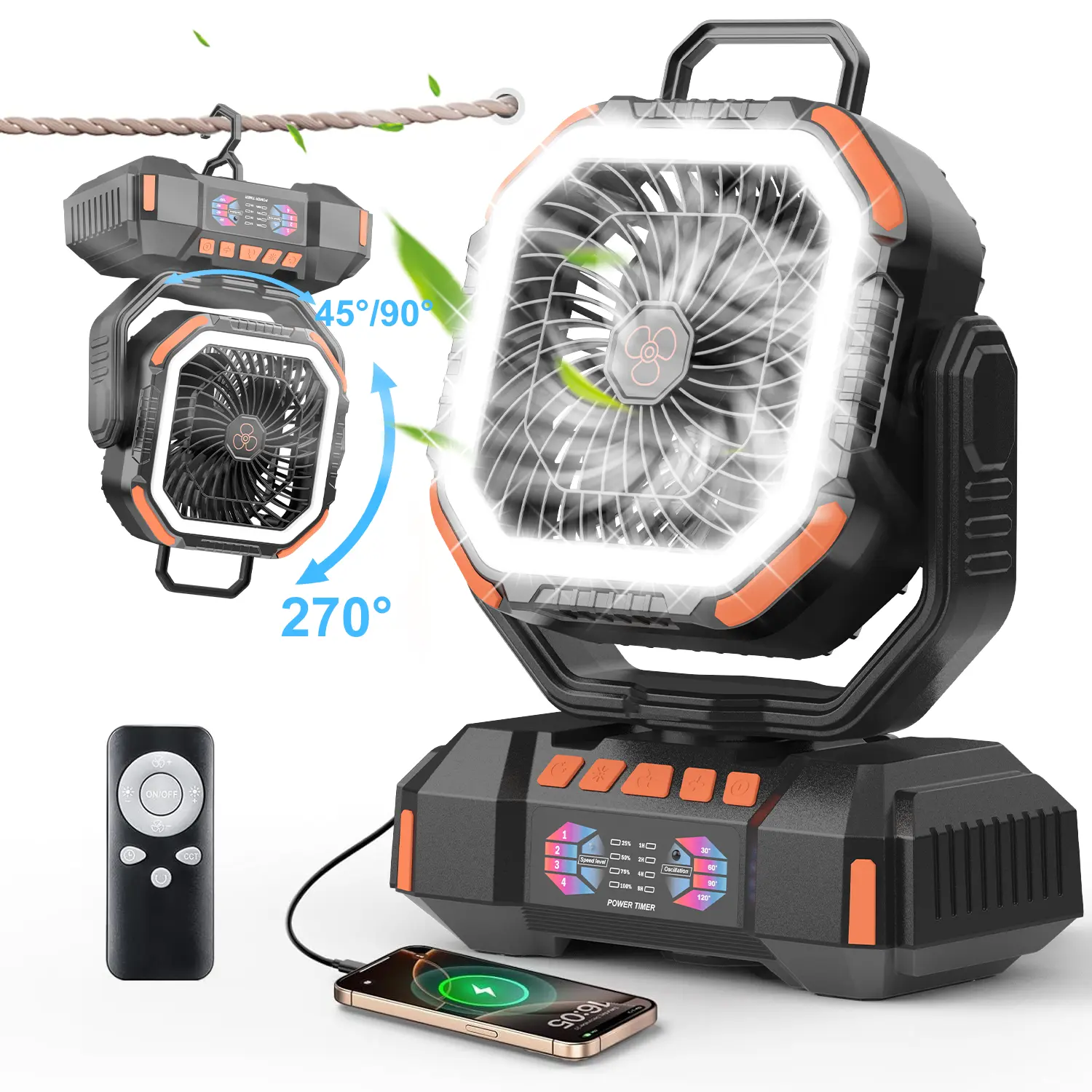 40000mAh Portable Camping Fan Battery Powered, Rechargeable Camping Fan with Remote & LED Light, 4 Speed Strong Airflow &  Light for Desk/Outdoor/Tent/Camping/Fishing Usb