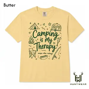 Comfort Colors Camping Is My Therapy Shirt, Funny Camping Lover Tee, RV Camper Graphic T-Shirt, Outdoor Adventure Shirt, Nature Lover Gift