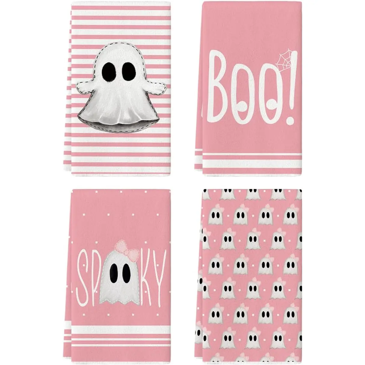 Pink Halloween Kitchen Towels Set of 4 (18x26") – Cute Ghost, Spooky & Boo Dish Towels for Fall & Coquette Halloween Decor Artoid Mode