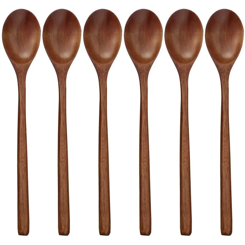 Wooden Spoons, 6 Pieces 9 Inch Wood Soup Spoons for Eating Mixing Stirring, Long Handle Spoon with Japanese Style Kitchen Utensil, ADLORYEA Eco Friendly Table Spoon adloryea
