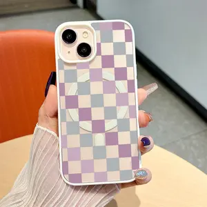 Dreamy Purple-Gray Checkerboard Design Magnetic Phone Case for iPhone 17 Pro Max Air 16 16e 15 14 Plus 13 12 11 X XS Pattern MagSafe Transparent Acrylic Back TPU Edges Drop-Proof Lightweight Cover Valentine's Day Gift 2D printing