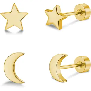 2 Pairs Flat Back Earrings Women, Titanium Star and Moon Earrings, Heart & CZ Flatback Stud, Butterfly & Lightning Screw Back, Crosses and Triangles Stud, Gold/Pink/Silver/Black Options