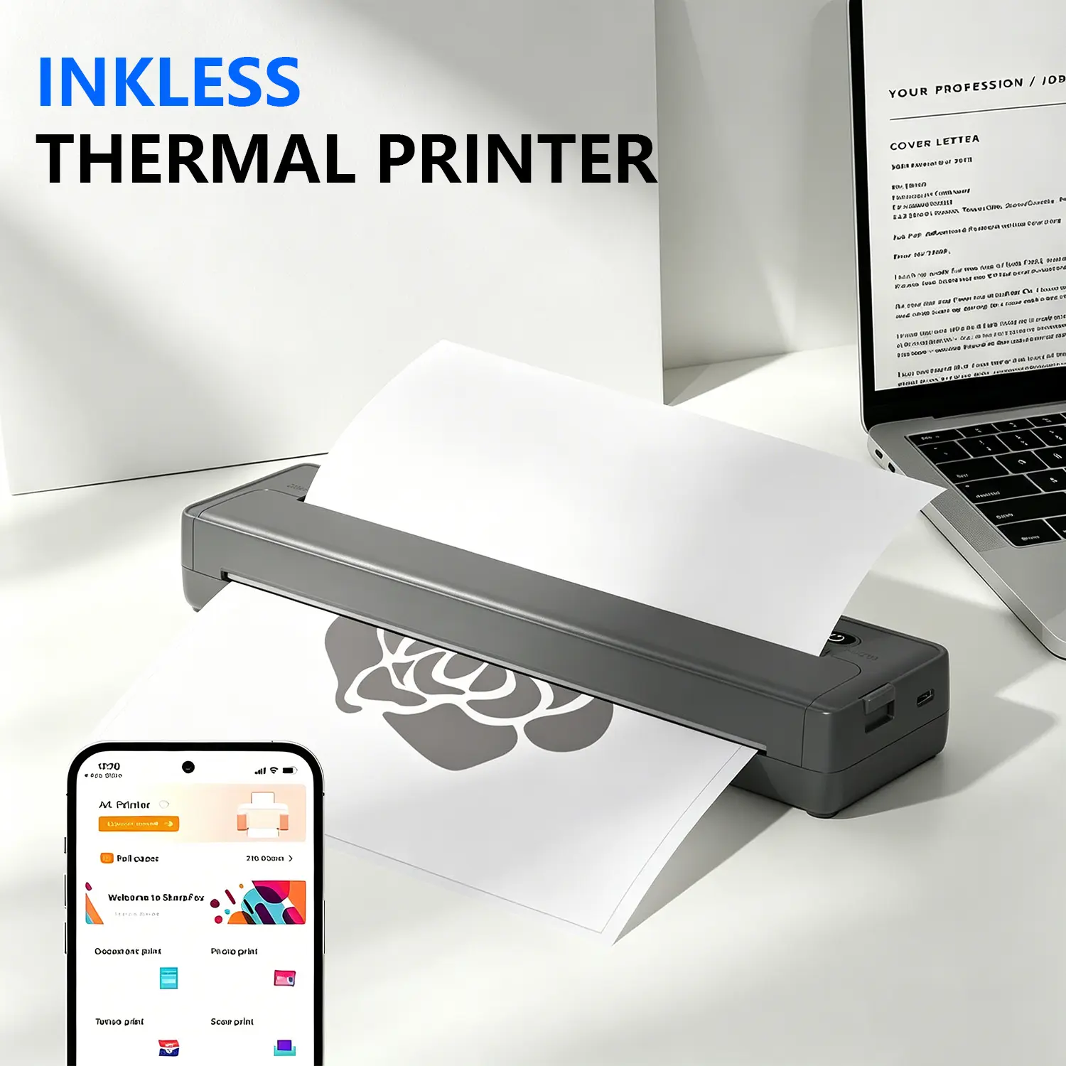 Thermal Pocket Printer, Inkless Portable Wireless Bluetooth Printer for Travel & Offices, Compatible with iOS, Android & Laptop, Supports A4+US Letter (8.5"x11") Paper, Includes 100 Sheets A4 Paper, Compact Design