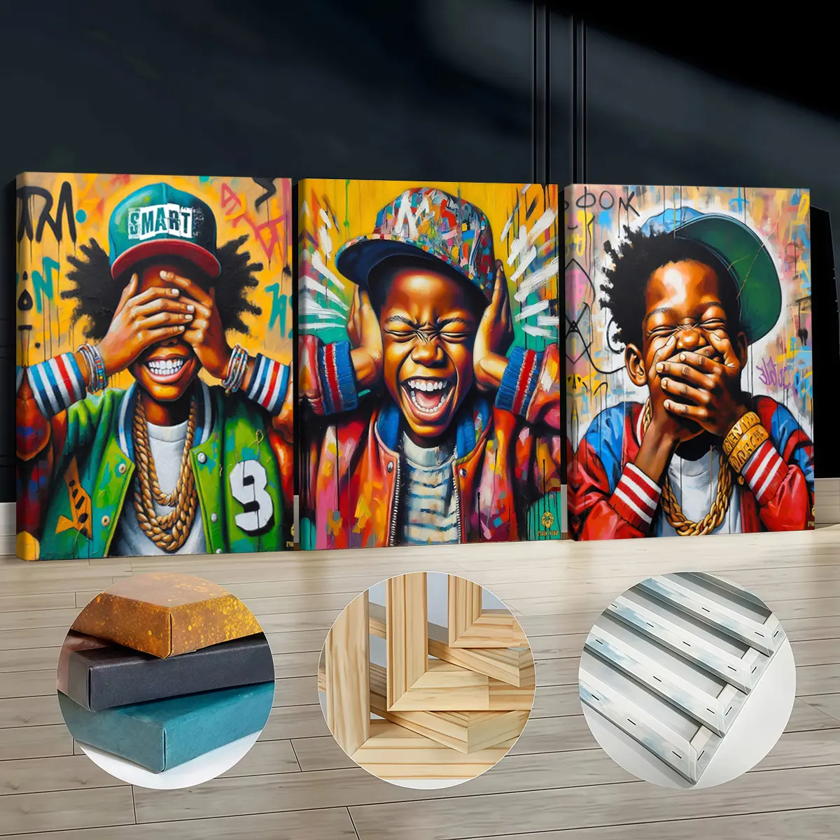 3Pcs Artistic Wooden-Framed Canvas Painting Set - Hip Hop Kids Graffiti Poster Artwork, Odorless Home Decor Decoration for Living Room, Bedroom