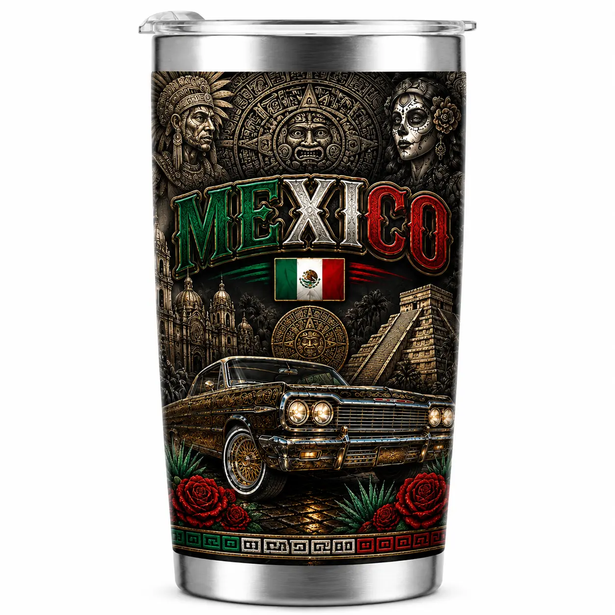 40oz Sturdy Stainless Steel Vacuum Flask Tumbler - Black Gold Lowrider Car Design, Engraved Aztec Print Aztec Calendar, Mexican Heritage Insulated Drink Mug with Straw, Plastic Lid, 1000-2000ml Unique Gift for Men