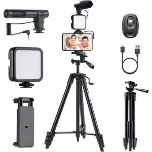 Vlogging Kit for iPhone Android, 53" Phone Tripod with Microphone, LED Light, Wireless Remote, Vlogging Camera for YouTube Starter