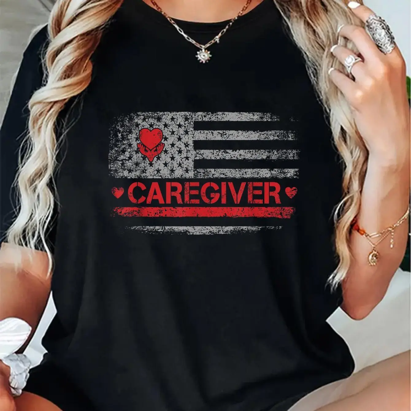 100% Cotton Caregiver Appreciation American Flag Design For Women Men T-Shirt Shirt
