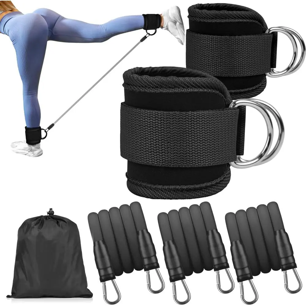 Ankle Cuff Resistance Bands Set, black stretch-stable tubes with adjustable wraps, sack attached, training supplies, outdoor exercise indoor stretching fitness accessories