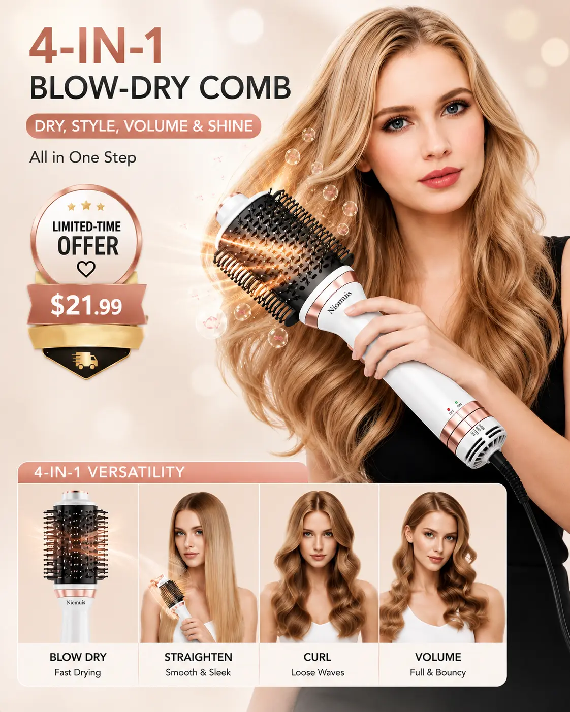4-in-1 Blow Dryer Brush – Professional Hot Air Brush for Drying, Straightening, Curling & Volumizing, Smooth Heated Comb & Dual-Mode Styler, Perfect Gift, blowout hair styling tools,straightener tools, Comfort Handle Lightweight Smoothing