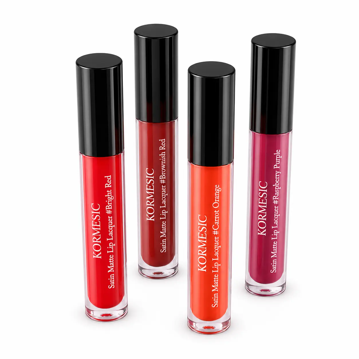 Satin Matte Liquid Lipstick Set, 4 Vibrant Shades, Smooth Lightweight Lip Lacquer for Daily Makeup, Bright Red, Brownish Red, Carrot Orange & Raspberry Purple, Velvety Lip Color with Easy Application for Women, 2.2g Each, Soft Matte Finish