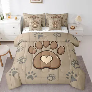 Dog Paw Bed in A Bag for Kids Boys Girls,Cartoon Foot Print Bedding Set,7pcs,Cute Animal Comforter,Wooden Plank Bed Set,with Sheet Set,Pillow Cases,Cushion Covers