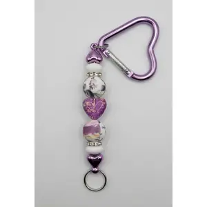 Purple Floral Heart Charm Beaded Carabiner Keychain