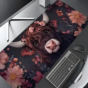 Vintage Floral Highland Cow Design Extra Large Gaming Mouse Pad,Aesthetic Desktop Protection Pad,Washable Rubber Pad Non-Slip Lock Edge Multi-Size Mouse Pad Suitable For Home Office,Good Gift for Family and friends, Desktop Accessory, Desk Accessories