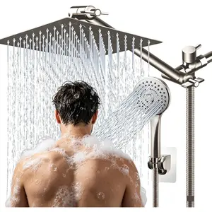 High Pressure 8 Inch Square Rainfall Shower Head Combo, Handheld Spray with 11” Angle-Adjustable Arm, 71” Extra Long Hose, Modern Bathroom Accessories
