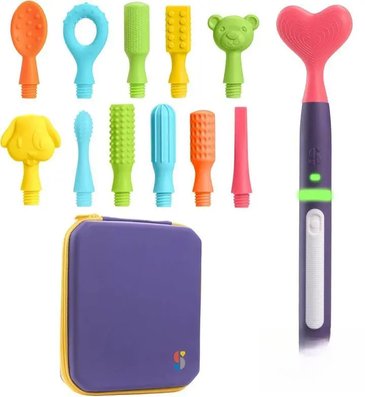 Special Supplies Rechargeable Buzz Buddy TM Oral Motor Stimulation kit with 12 Soft Textured Interchangeable Heads, Calm Sensory Needs, Support Speech, and Stimulate Self Feeding, Gentle Vibrations