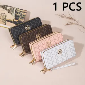 Women's Double Zipper Wallet Monogram Long Clutch Purse with Wristlet Strap, Large Capacity Card Holder & Mobile Phone Bag, Trendy M-Letter Print Coin Purse Gift for Her