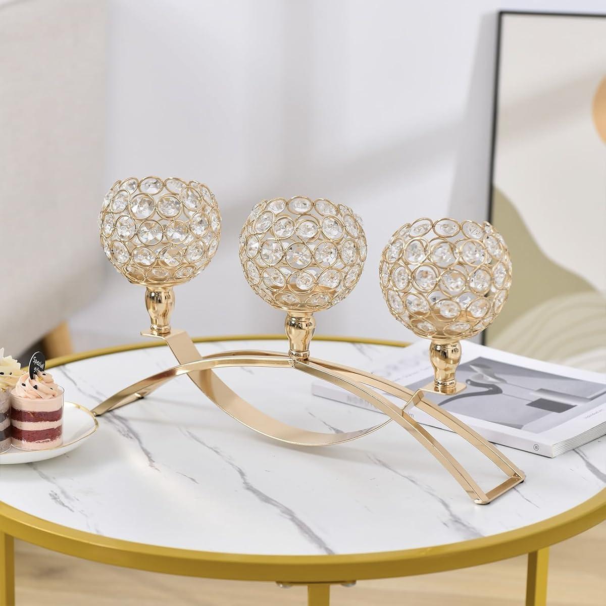 3Pcs Gold 3-Arm Tealight Candle Holders, Candlestick Candelabra Stand Wedding Table Centerpieces & Home Decor for Living Room Fireplace, Holiday Party Use