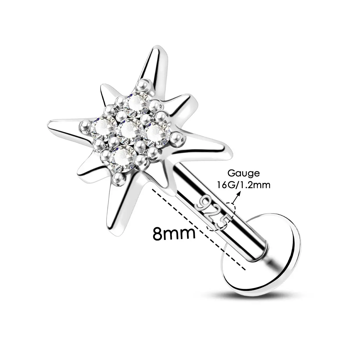 OUFER 16G Internally Threaded Octagram Star-Shape Silver Body Jewelry, 8mm Bar Durable Female Adult Casual Labret Stud for Cartilage Helix Piercing Earrings