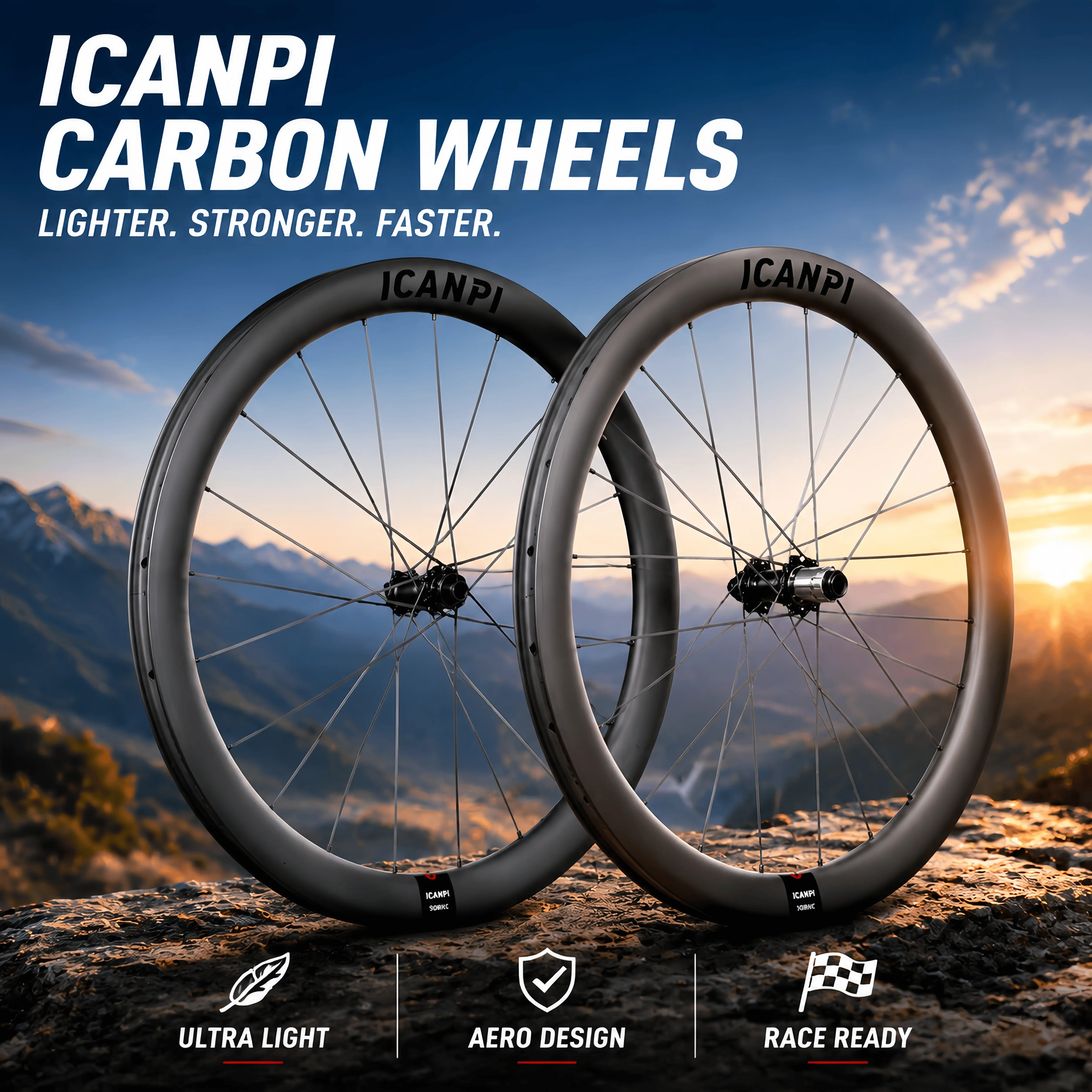 ICANPI Lightweight Carbon Fiber Road Bike/Gravel Bike Wheelset with Carbon Spokes, 40/50/55mm Depth Rim Boasts Aero-Stable U/V Profile for Crosswind Stability cycling wheel