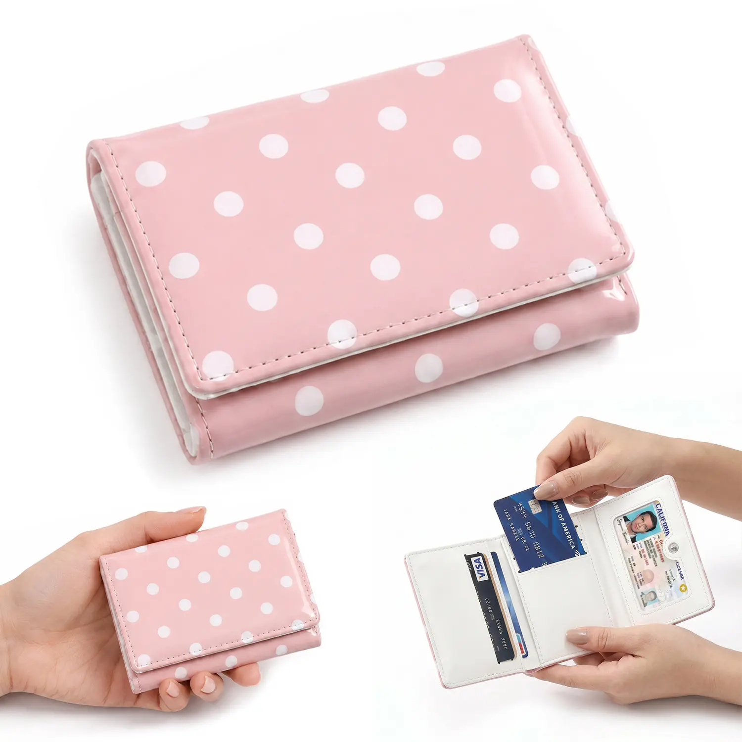Women's Polka Dot Small Trifold Wallet - Glossy PU Leather Credit Card Holder with ID Window, Compact Everyday Use Billfold Purse, Ideal Gift for Women, Wallets For Women