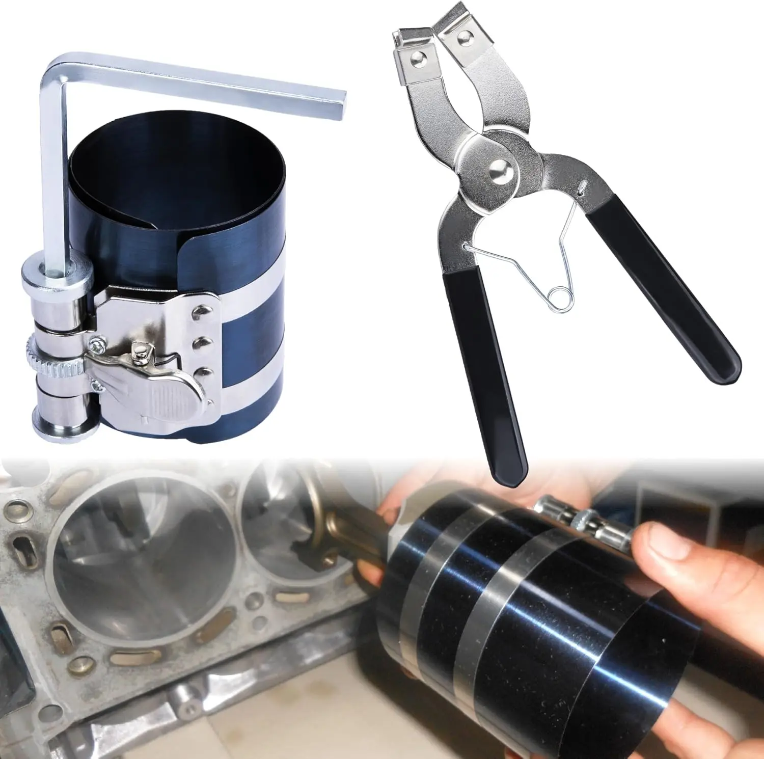 Piston Ring Compressor Tool, Car Engine Piston Ring Installer Removal Kit Adjustable Compression Range 2"- 6.9" Diameter (53mm - 175mm), Compressor Tool with Pistons Rings Pliers
