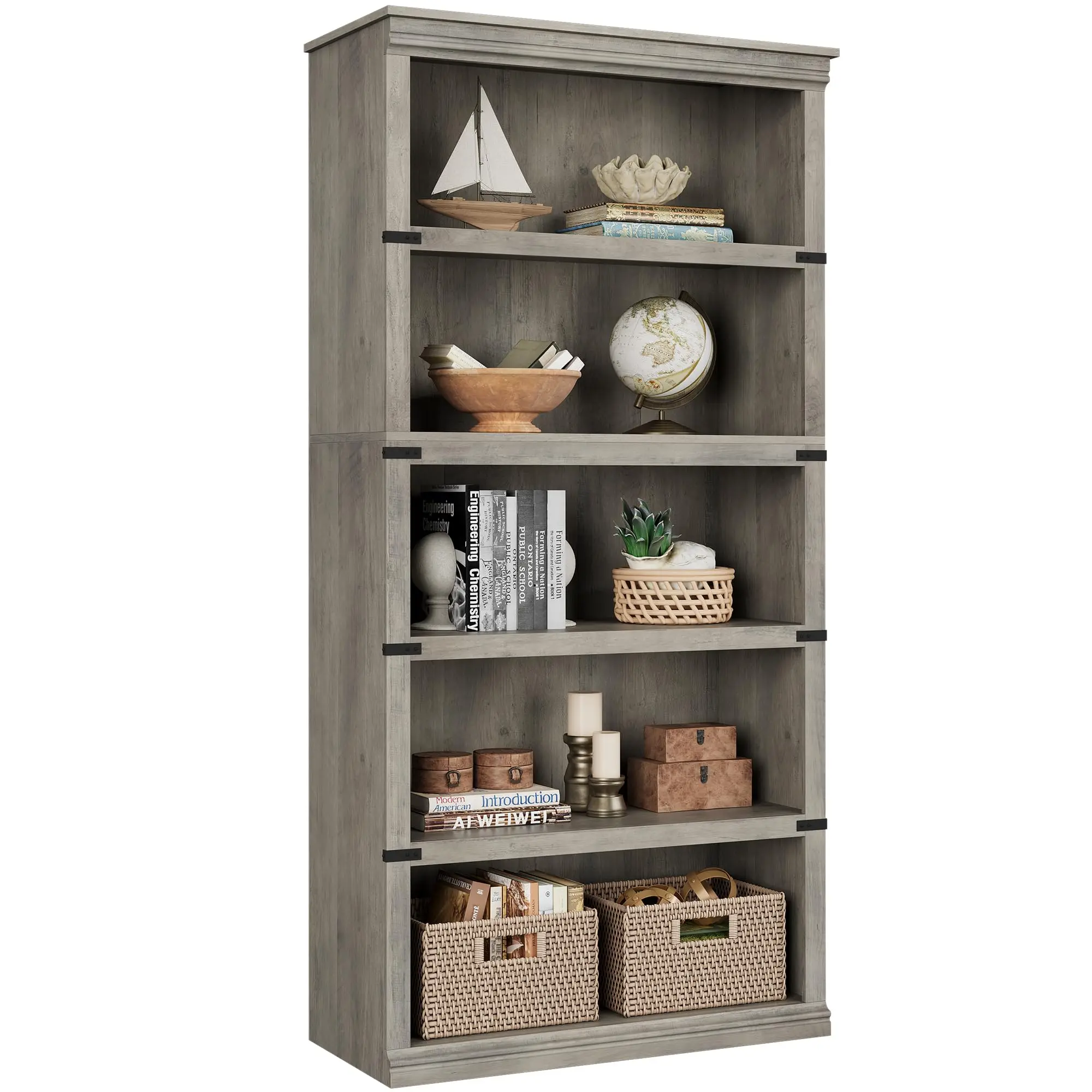 5 Tier Wooden Bookcase, 67.4 Inch Large Open Bookshelf Farmhouse Style, Farmhouse Rustic Bookshelf for Living Room, Sturdy Office Bookcase with Heavy Duty Book Shelf, Grey