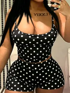 Women's Y2K Polka Dot Knit Lightweight Matching Cropped Tank Top Set, Retro, Playful and Chic, Short Sleeve Sexy Design, Slim Fit High Waist Shorts, Perfect for Summer