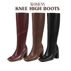 Womens Knee High Boots Square Toe Wide Block Heel Side Zipper Comfy Office Outdoor Nightclub Walking Party Casual Spring Wide Calf Boot