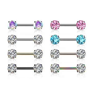 Nipple rings Surgical Steel Threadless Push in Nipple Barbells with Prong Set Round CZ Ends