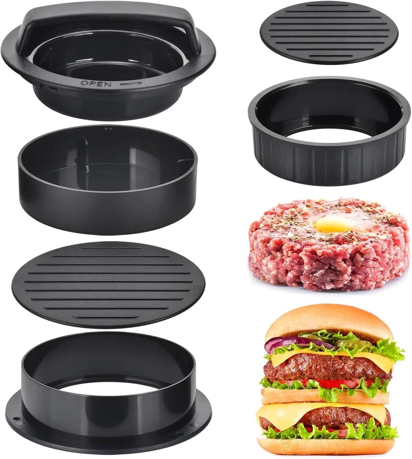 Hamburger Press Patty Maker, Hamburger Press, Burger Press, 3 in 1 Stuffed Burger Press Patty Maker, Hamburger Patty Maker for Grilling, Stuffed Burgers, Sliders, Beef Burger