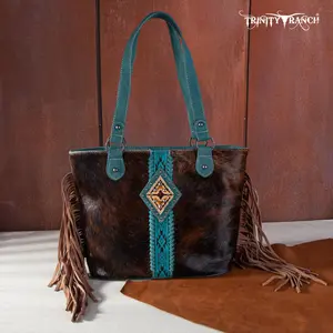 Trinity Ranch Genuine Hair-On Cowhide Concealed Carry Tote Women's Casual Bag with Aztec Embossed Pattern & Leather Fringe