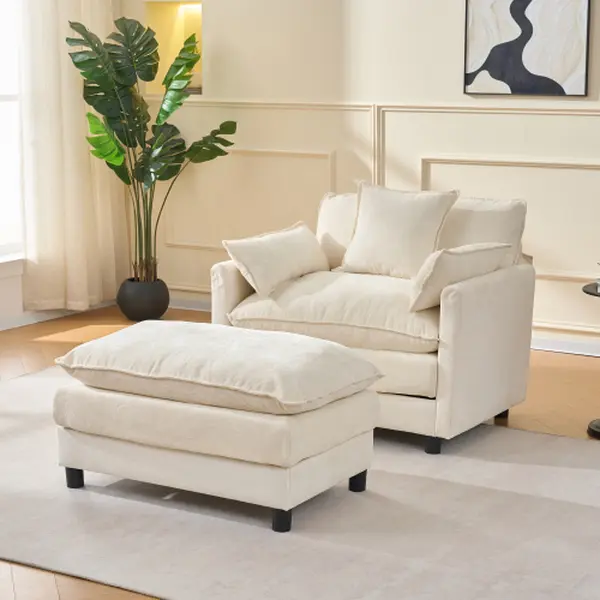 Chaise Lounge Chair Indoor with Ottoman, 55.7 "D Oversized Sleeper Chair, Chenille fabric Comfy Sofa for Bedroom, Living Room, Office, Apartment (Single Seat & Ottoman)