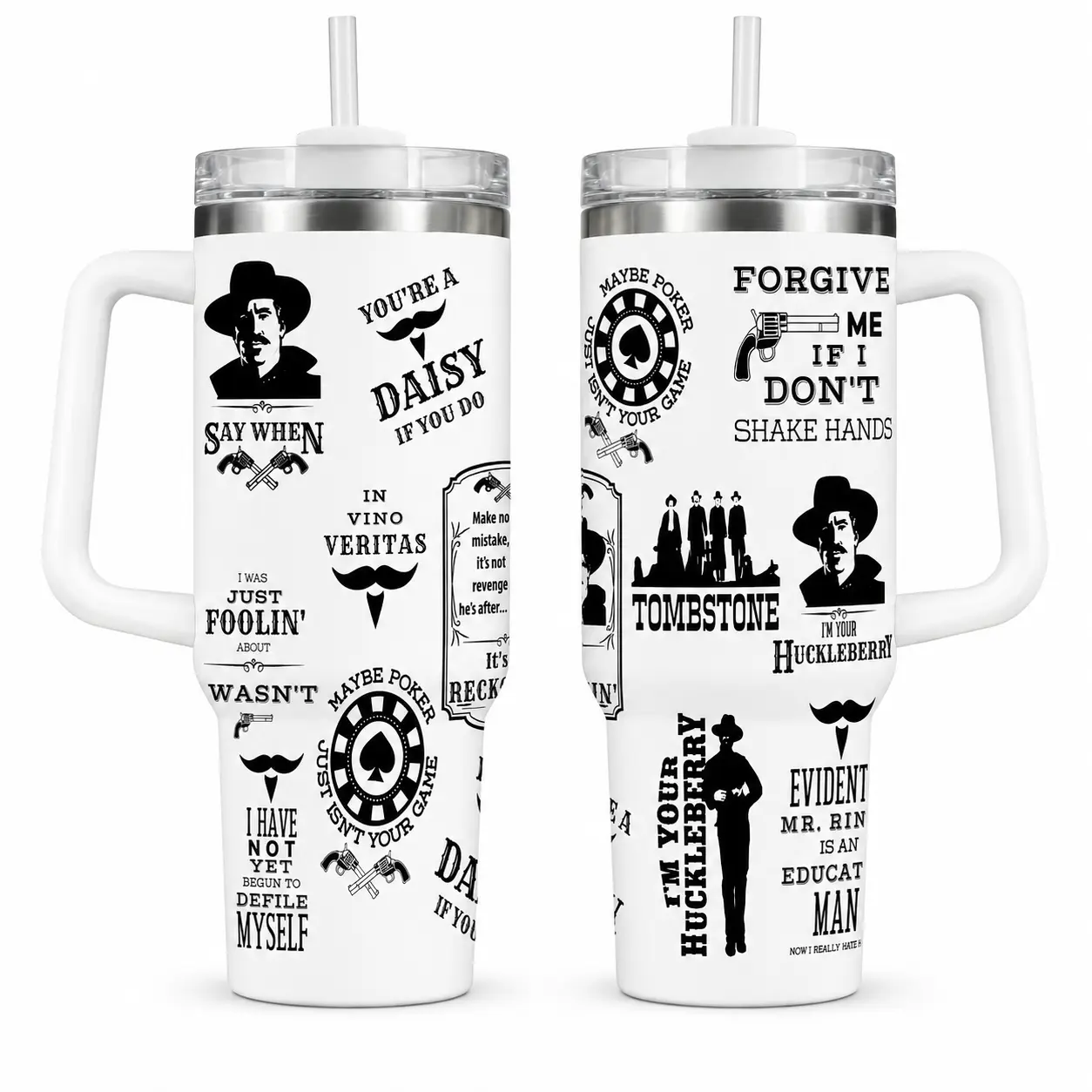 Tombstone Doc Holliday Western Movie Tumbler 30oz 40oz With Handle, Say When I’m Your Huckleberry Cowboy Quote Fan Cup, Old West Travel Drinkware Gift, Not Including The Straw Water Bottles Bottle