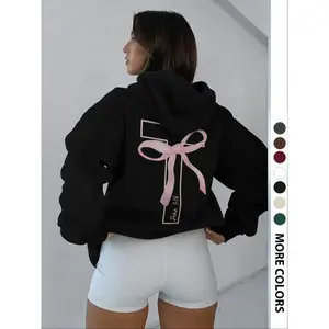 Women's Hooded Sweatshirt with Bowknot and Cross Print, Casual Loose Fit Pocket Top, Fall Winter Fashion Streetwear, Womenswear