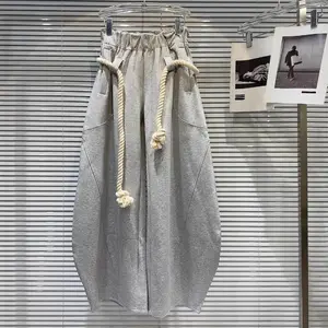 baggy sweatpants  2025 New Women Personalized Woven Hemp Rope Belt Loose Wide-leg Casual Pants Bloomers