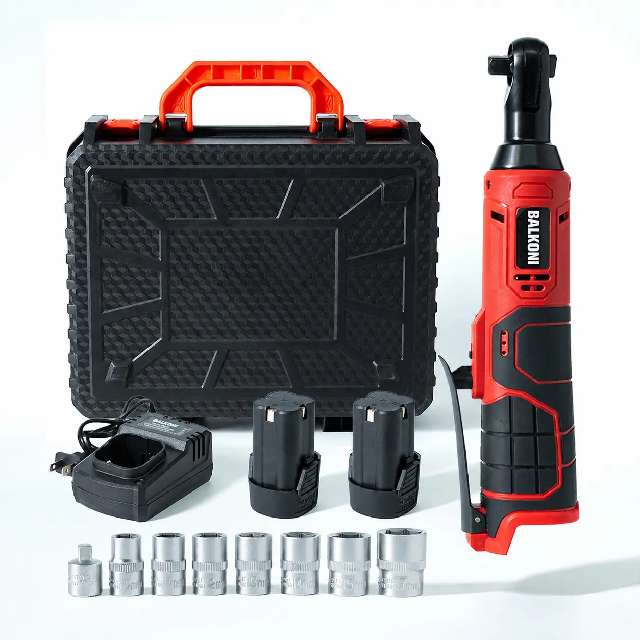 BALKONI Cordless Electric Ratchet Wrench Tool Kit with Cordless Operation, 50N.m/40 Ft-lbs Torque, 12/16.8V, 1/2*2.0Ah Li-ion Batteries, Fast Charger, 7 Sockets, 3/8 Socket Set, Electric Screwdriver, Tool Box for Mechanic Use