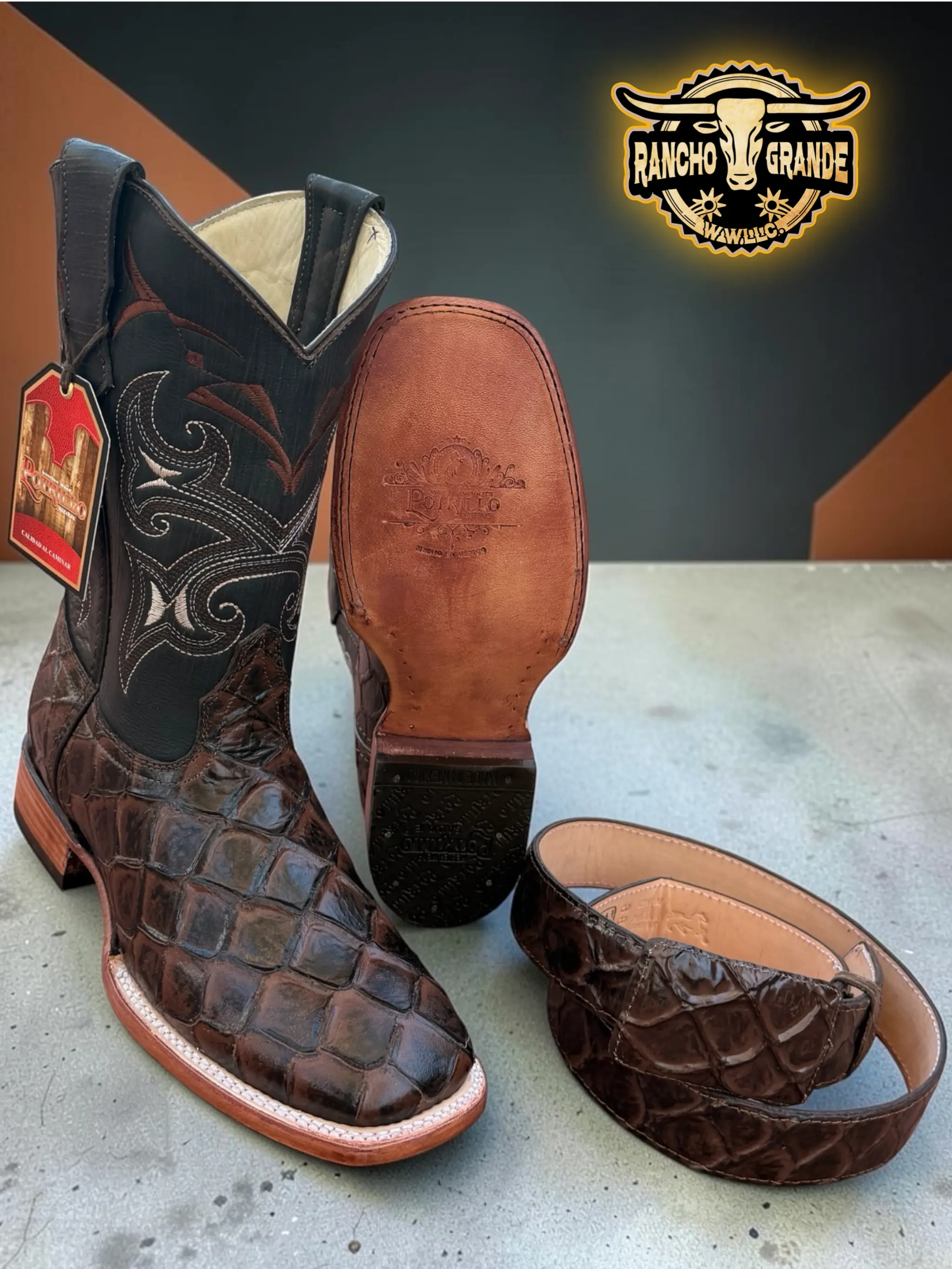Men's Pescado Fish Botas Vaquera Rodeo Square Toe boots Made in Mexico Premium soft Leather