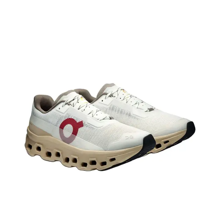 Knit mesh hybrid outdoor running trainers built for versatile warm pale spring-summer sporty urban fashion aesthetics, dense bright off-white flexible knit shell layered with gradient red solid beige cushion overlays, tight reinforced stitching